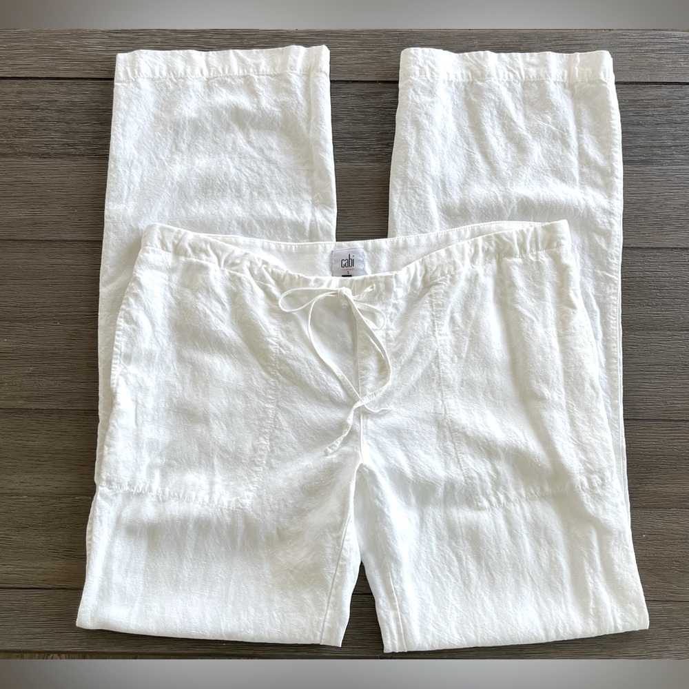 CAbi White Linen Drawstring Wide-Leg Pants